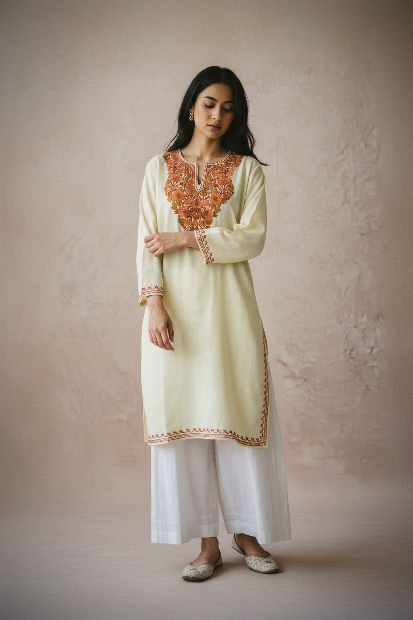 Gulposh Pale Lemon Hand-Guided Aari Embroidered Midi Kurta