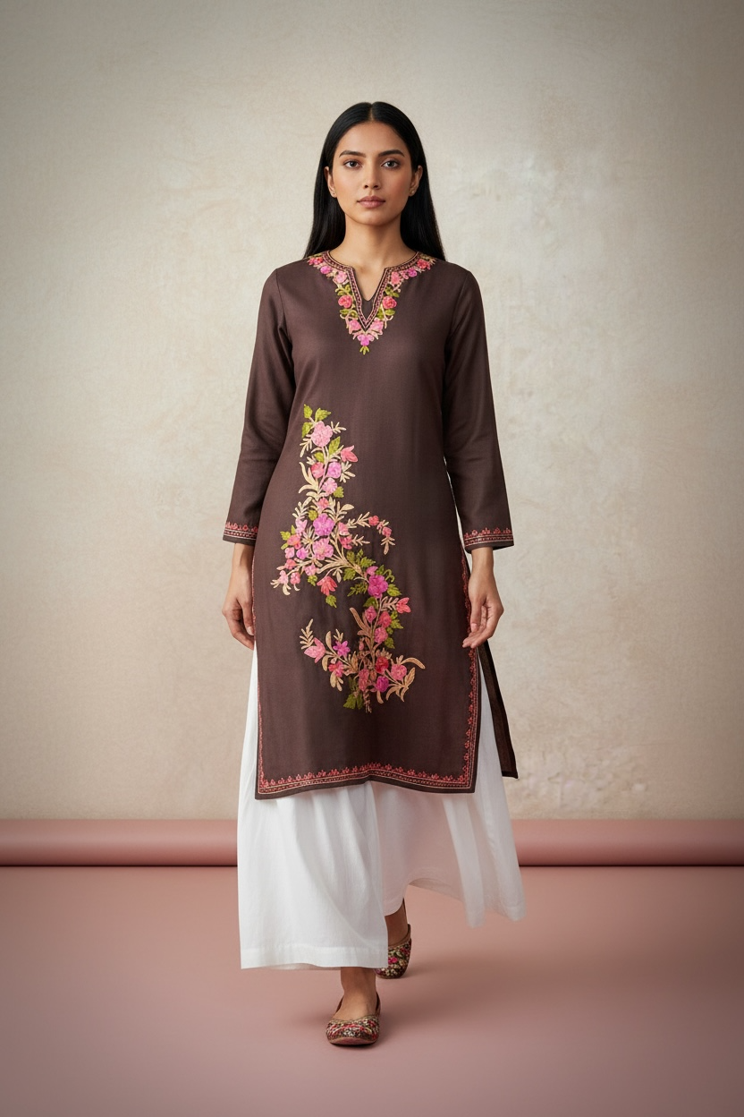 Gulposh Espresso Brown Hand-Guided Aari Embroidered Midi Kurta