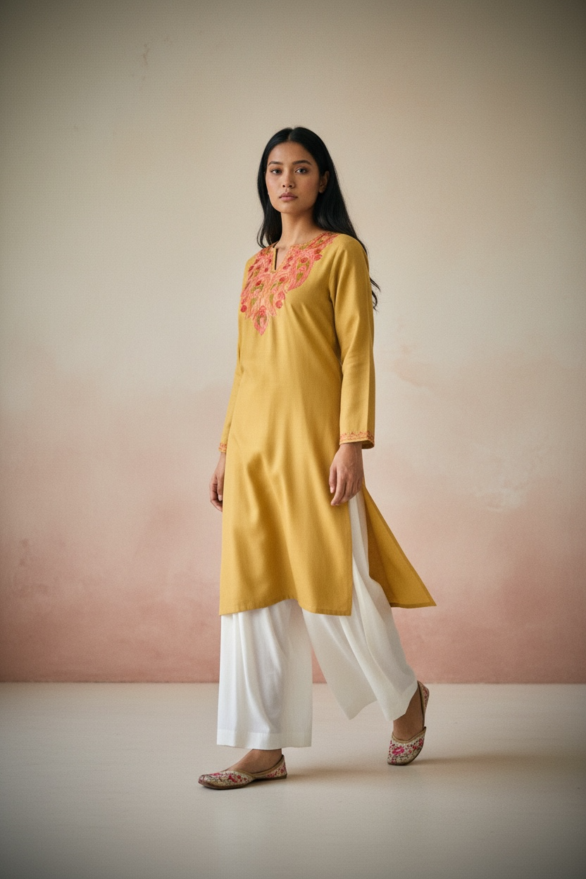 Gulposh Mustard Yellow Hand-Guided Aari Embroidered Midi Kurta