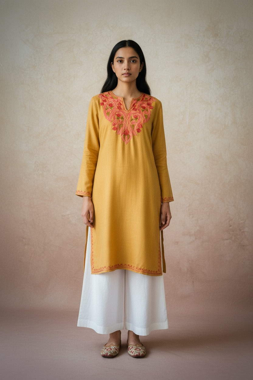 Gulposh Mustard Yellow Hand-Guided Aari Embroidered Midi Kurta