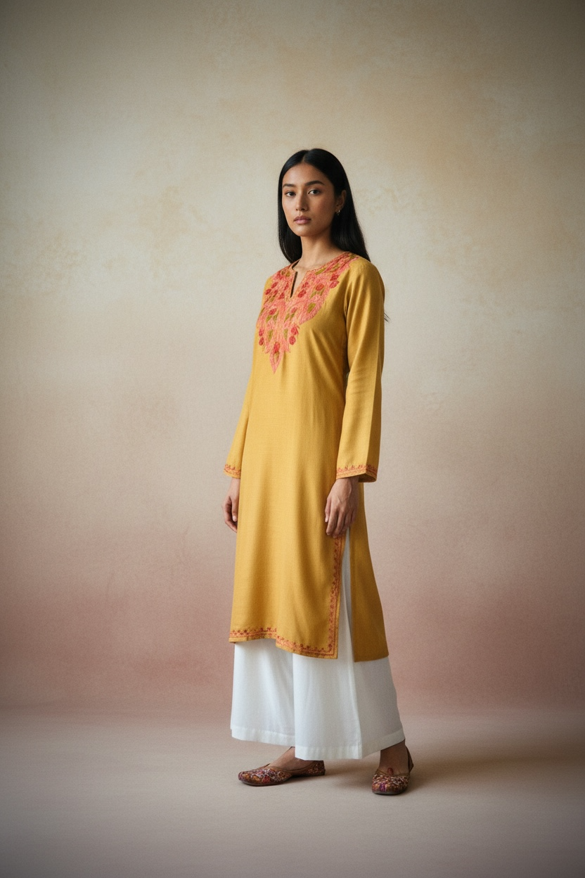Gulposh Mustard Yellow Hand-Guided Aari Embroidered Midi Kurta