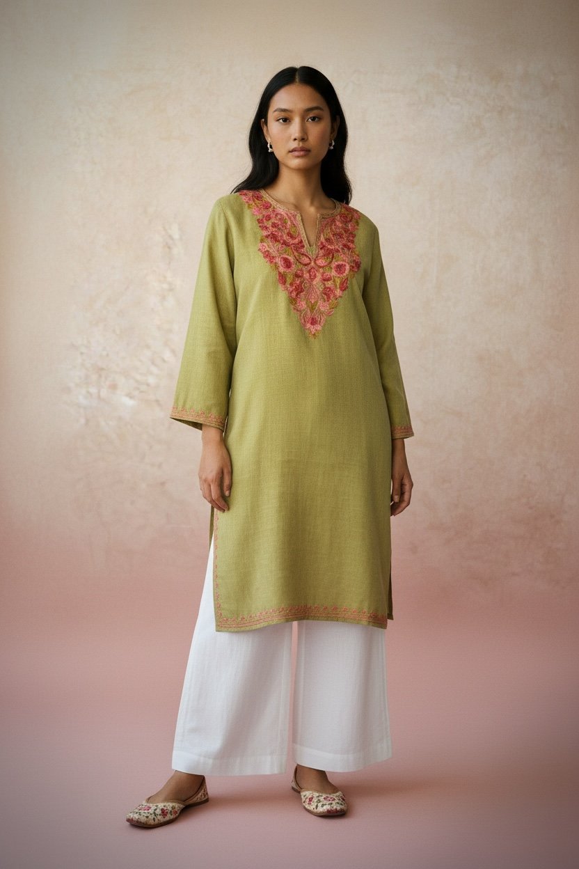 Gulposh Moss Green Hand-Guided Aari Embroidered Midi Kurta