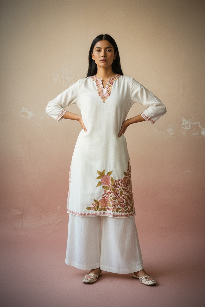 Gulposh Ivory Rust Hand-Guided Aari Embroidered Midi Kurta