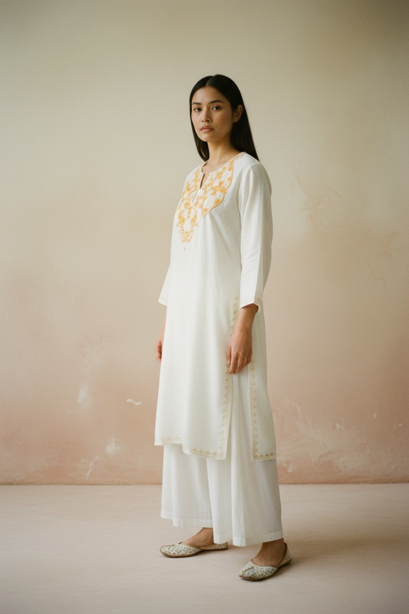 Gulposh Ivory Gold Hand-Guided Aari Embroidered Midi Kurta