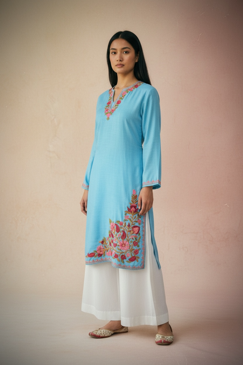 Gulposh Sky Blue Rose Hand-Guided Aari Embroidered Midi Kurta