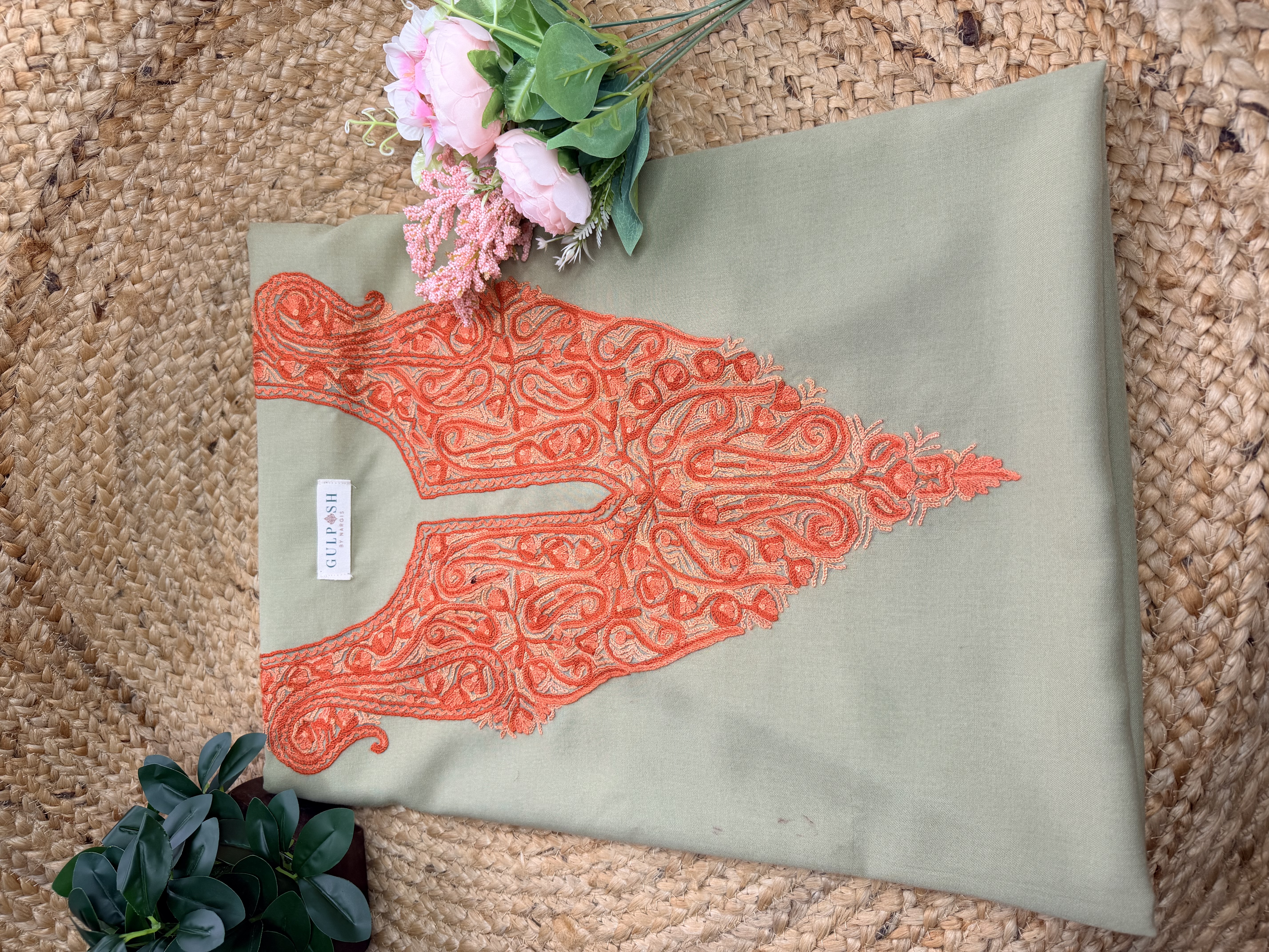 Gulposh Sage Green Hand Aari Embroidered Unstitched Suit Set — Pure Cotton, 2pc