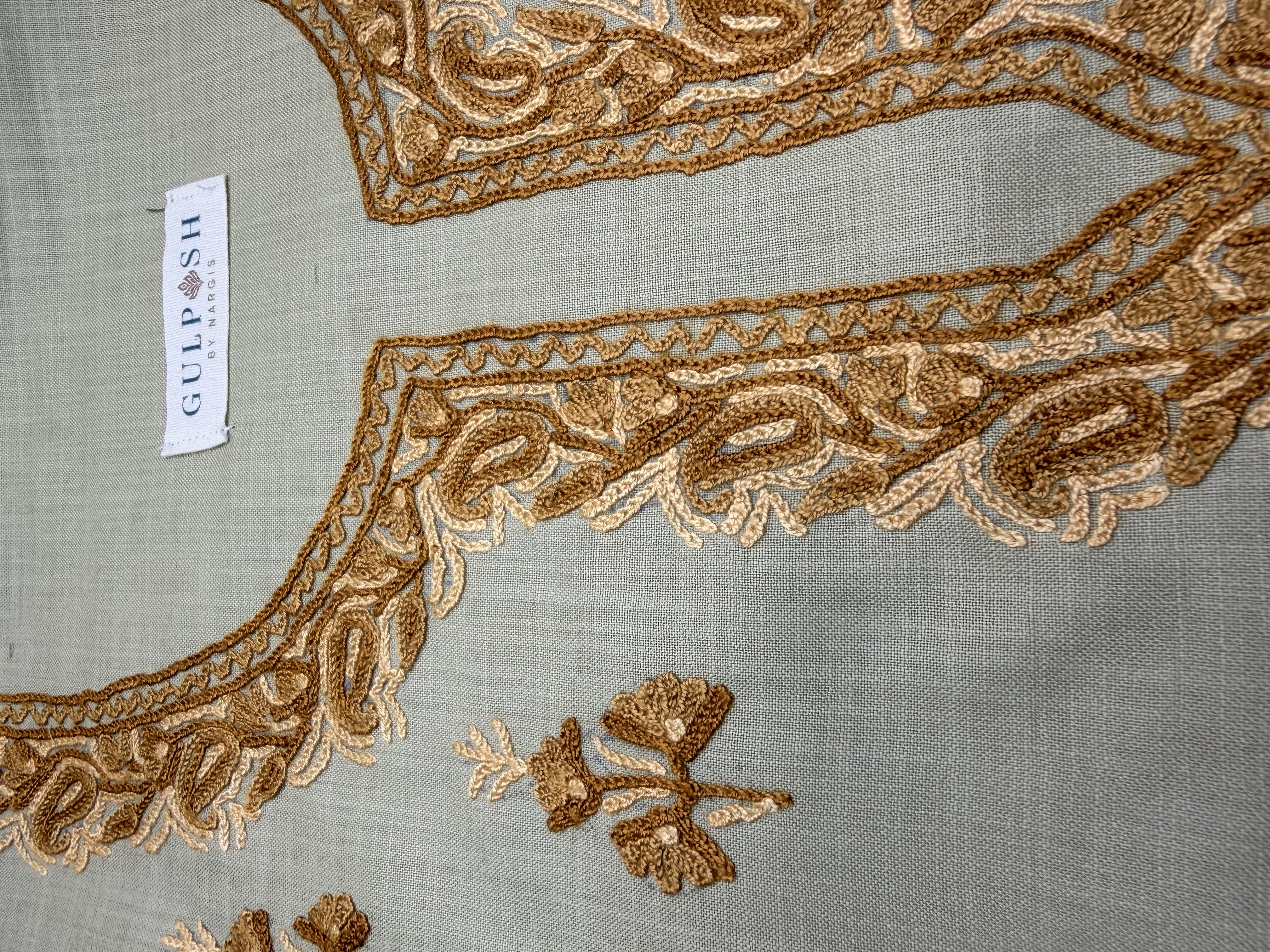 Gulposh Warm Khaki Beige Unstitched Cotton Set — Full Body Hand Aari